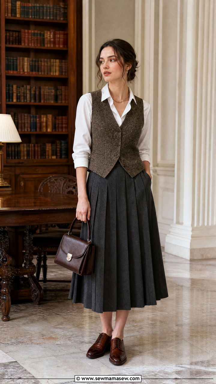 Tweed Vest with White Blouse and Pleated Skirt - 30 summer dark academia outfits