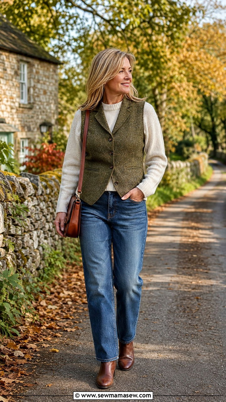 Tweed Waistcoat with Straight Leg Jeans - 30 waistcoat vest outfits for women over 40
