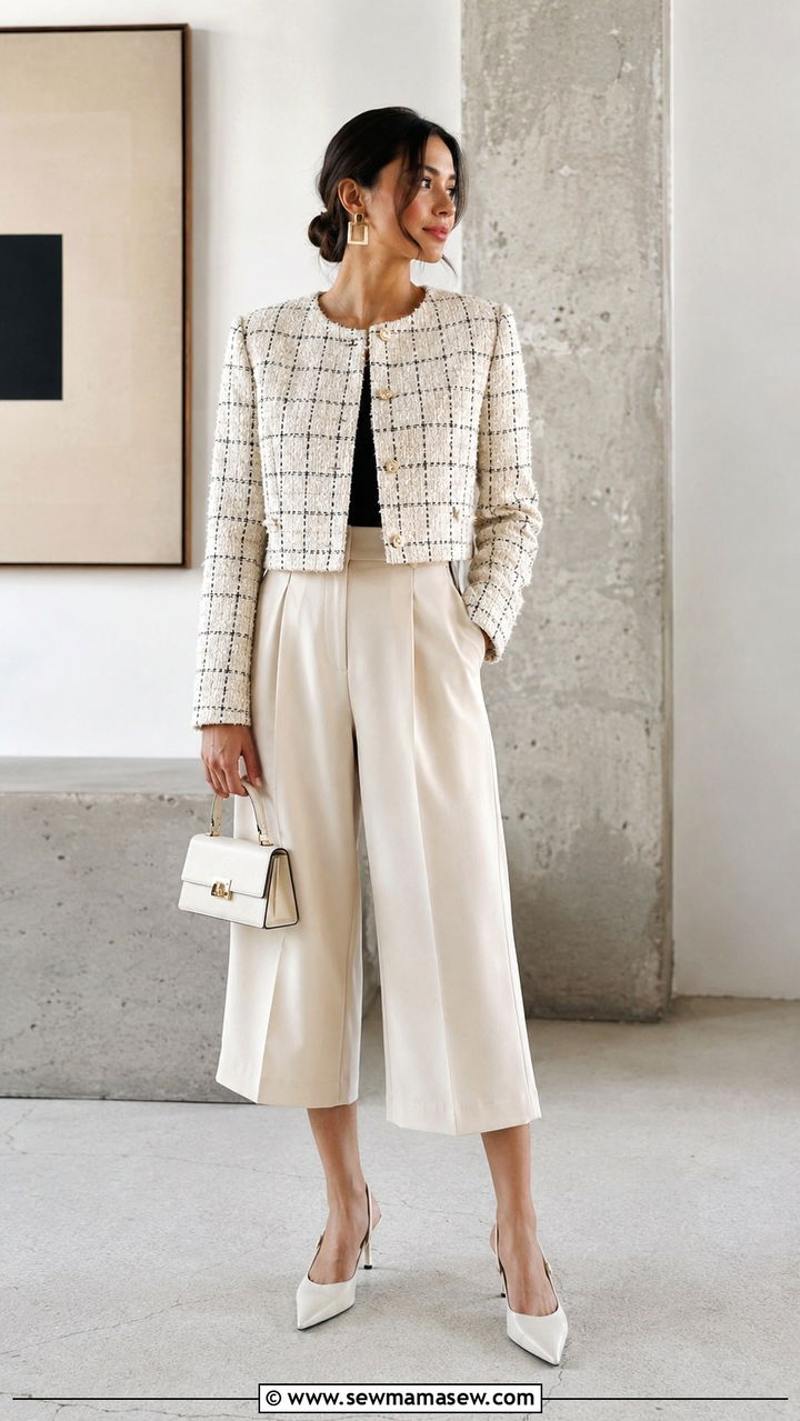 Tweed blazer and culottes - 30 Tweed blazer outfit ideas for a wedding