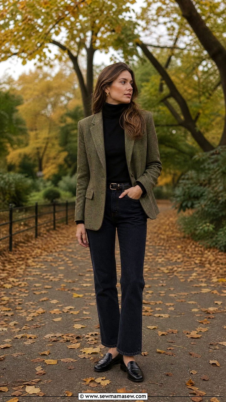 Tweed blazer and dark denim with loafers - 25 Old money outfit ideas with loafers