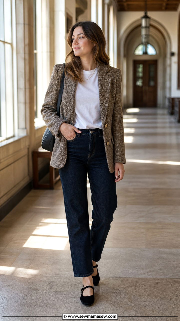 Tweed blazer and dark jeans with mary jane flats - 25 Business casual outfits with flats