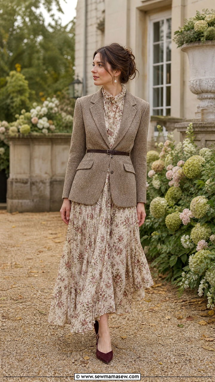 Tweed blazer and floral prairie dress - 25 classy cottagecore outfit ideas
