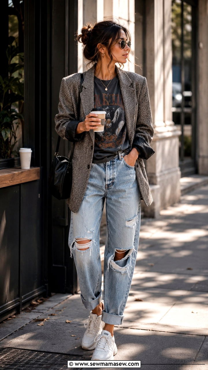 Tweed blazer and graphic tee with distressed denim - 20 Tweed blazer outfit ideas with a t-shirt
