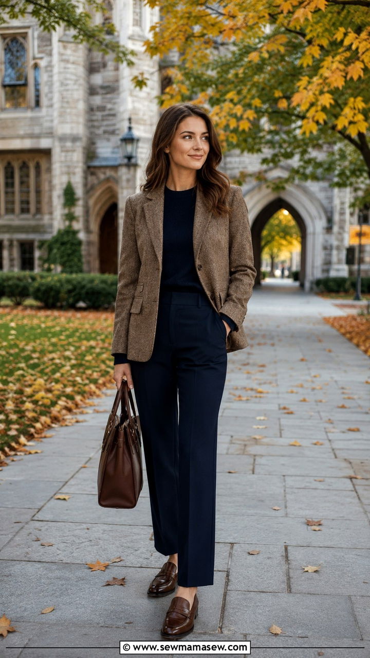 Tweed blazer and navy trousers fall interview - 25 seasonal job interview outfit ideas