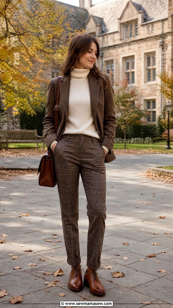 Tweed blazer and plaid trousers librarian outfit - 25 librarian core outfits to copy
