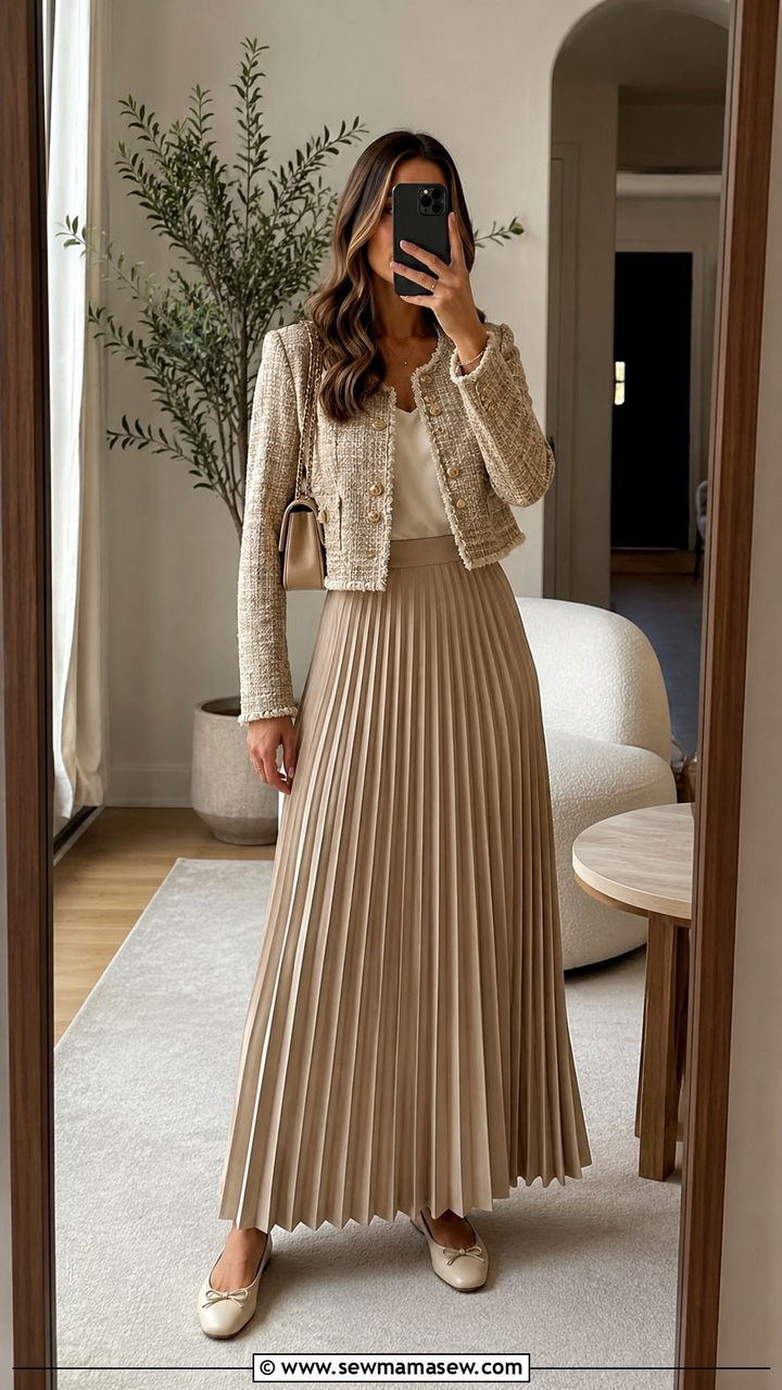 Tweed blazer and pleated maxi skirt outfit - 30 Maxi skirt outfit ideas with a blazer