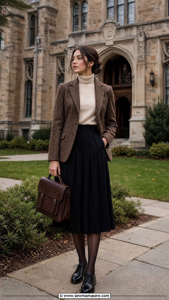 Tweed blazer and pleated midi skirt - 30 Dark academia school outfits