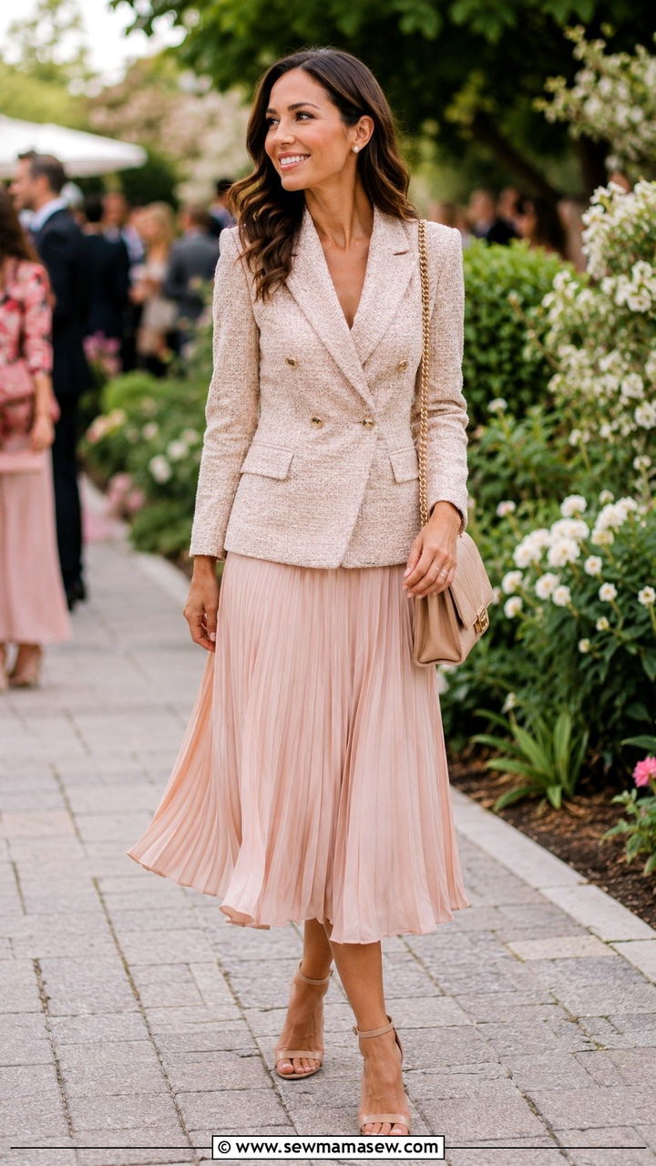 Tweed blazer and pleated midi skirt - 30 Tweed blazer outfit ideas for a wedding