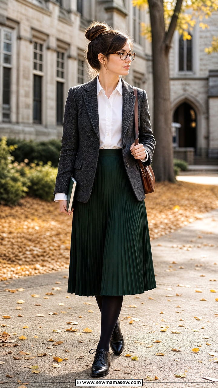 Tweed blazer and pleated skirt outfit - 30 librarian core outfits ideas