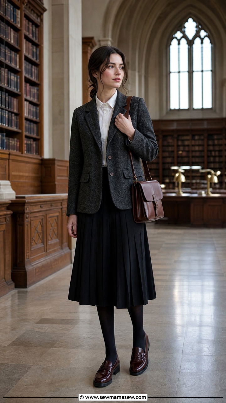 Tweed blazer and pleated skirt outfit - 25 classy dark academia outfits