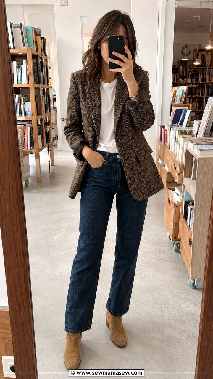 Tweed blazer and straight leg jeans outfit - 20 casual librarian core outfits