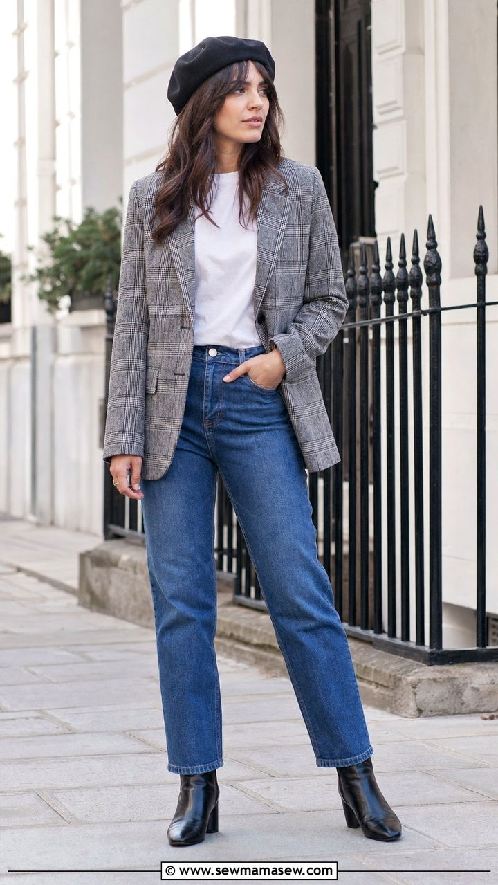 Tweed blazer and straight leg jeans with beret - 25 Spring outfits with hats