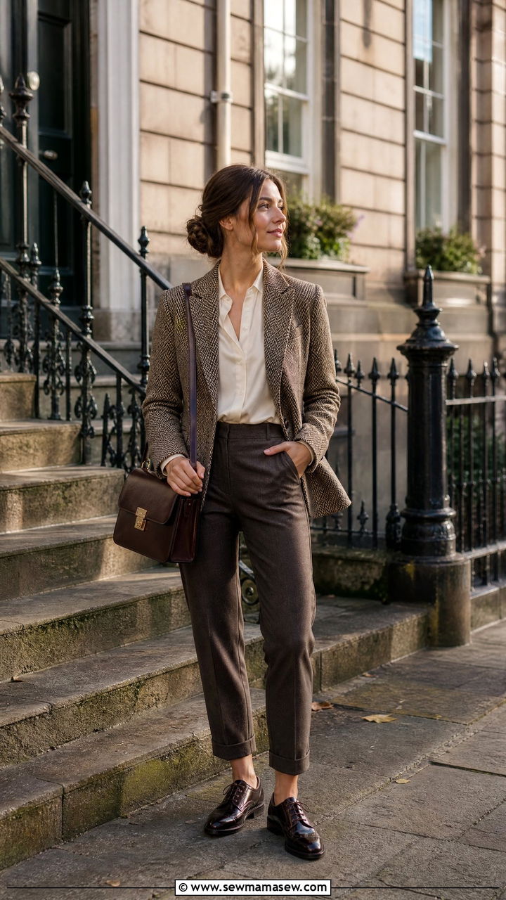 Tweed blazer and tailored trousers - 30 Edinburgh outfit ideas