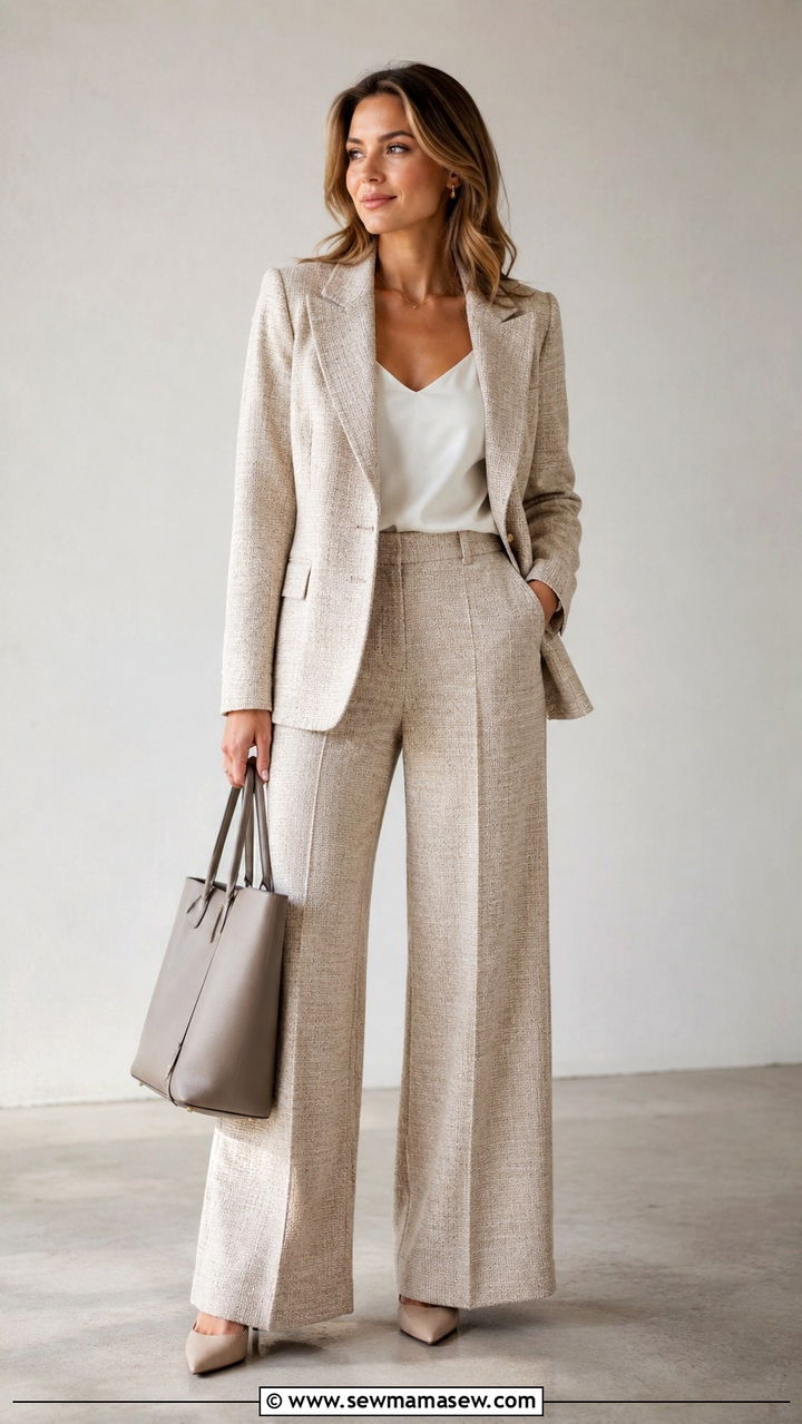 Tweed blazer and wide leg trousers set - 25 Tweed matching set outfit ideas