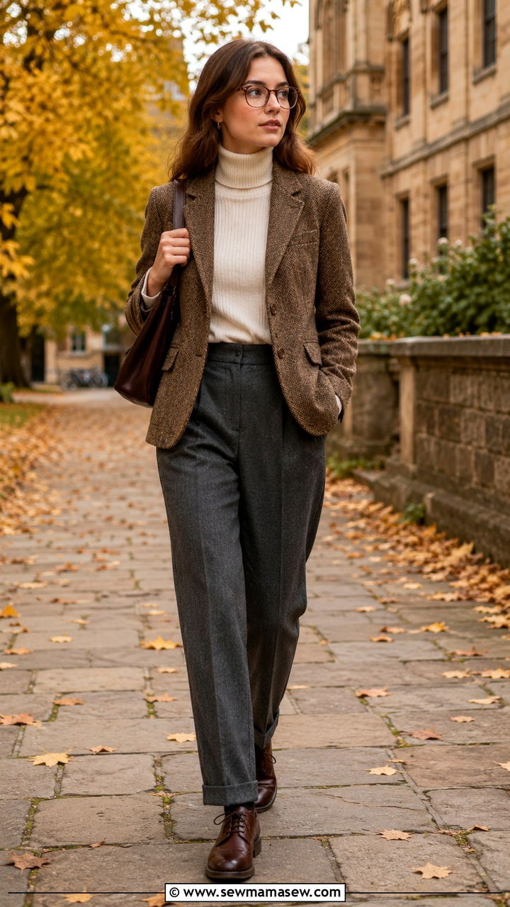 Tweed blazer and wool trousers outfit - 30 librarian core outfits for women