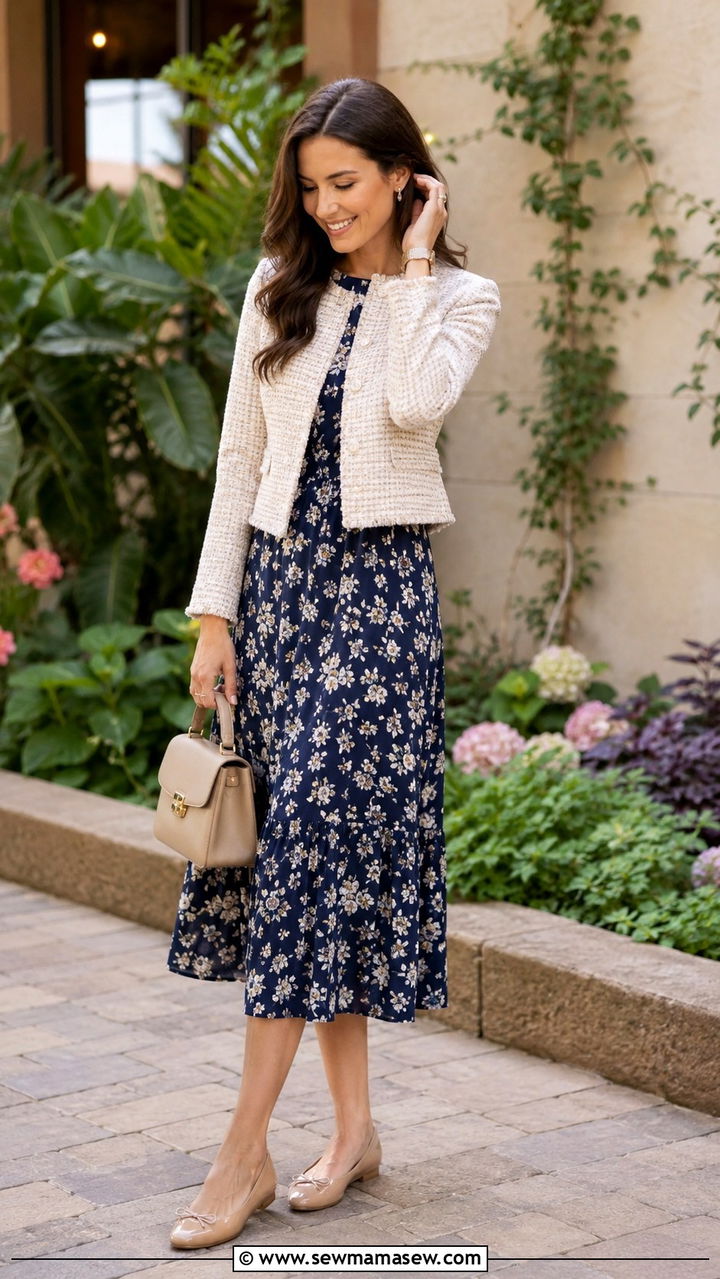 Tweed blazer over a midi dress - 30 Tweed blazer outfit ideas for work
