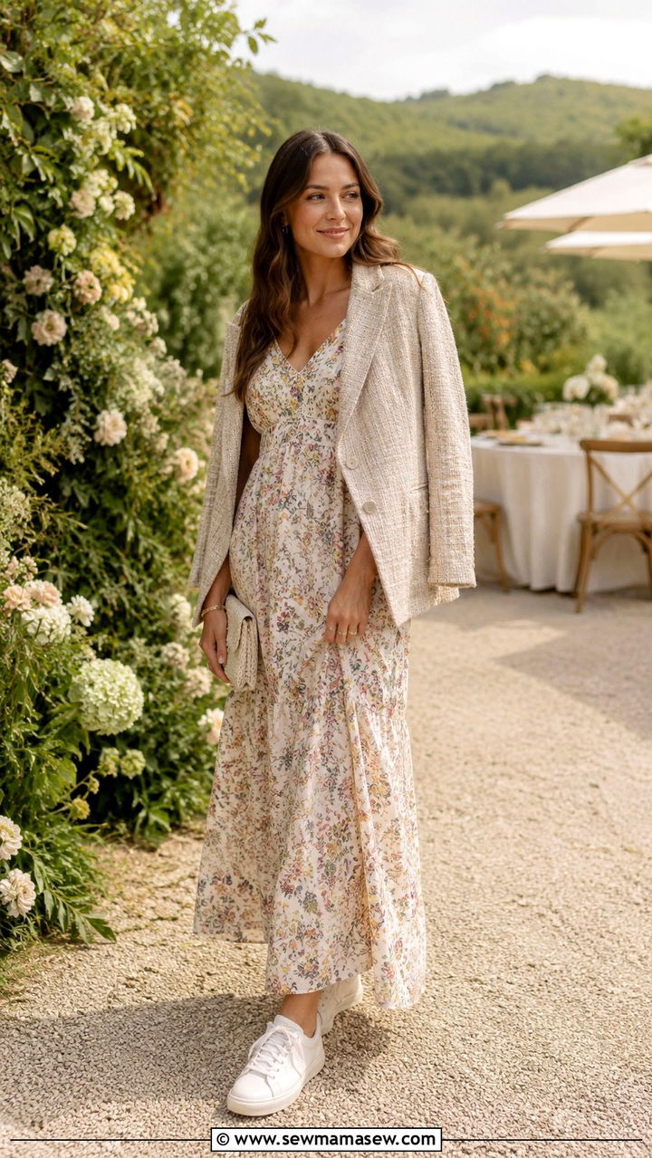 Tweed blazer over maxi dress with sneakers - 25 Tweed blazer outfit ideas with sneakers