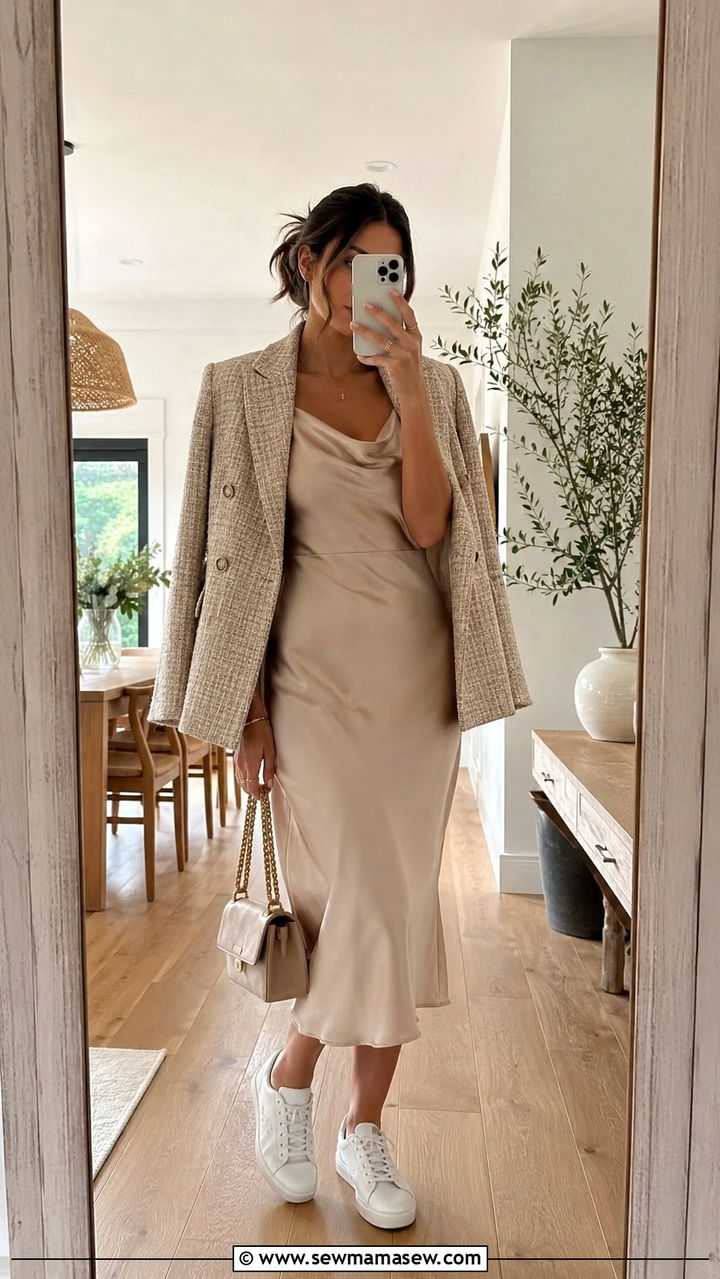 Tweed blazer over slip dress with sneakers - 25 Tweed blazer outfit ideas with sneakers