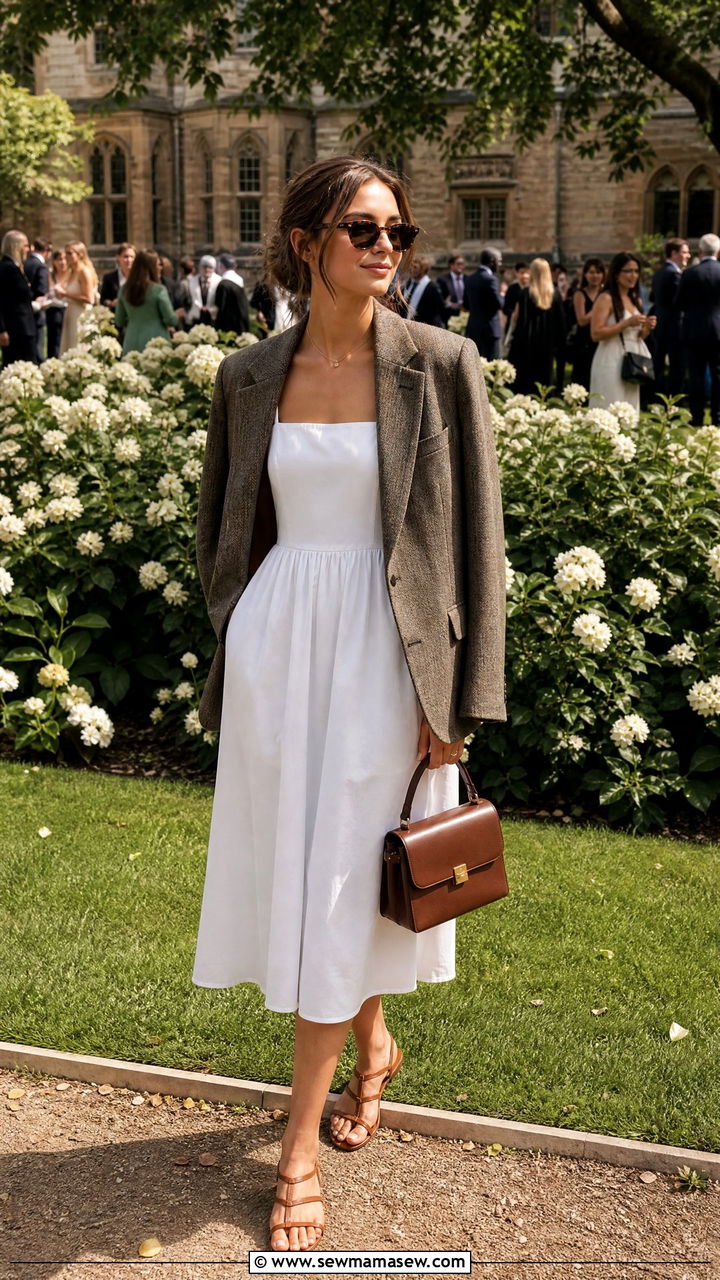 Tweed blazer over white dress dark academia outfit - 30 Dark academia summer outfits
