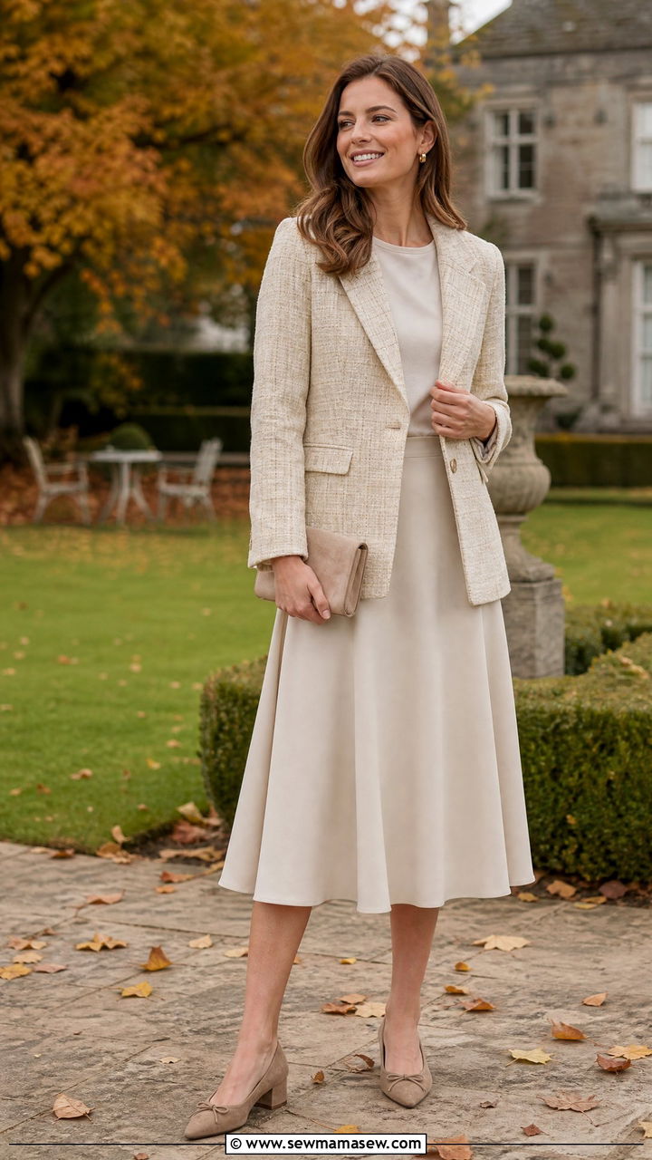 Tweed blazer with A line midi skirt - 25 How to style a blazer for a wedding