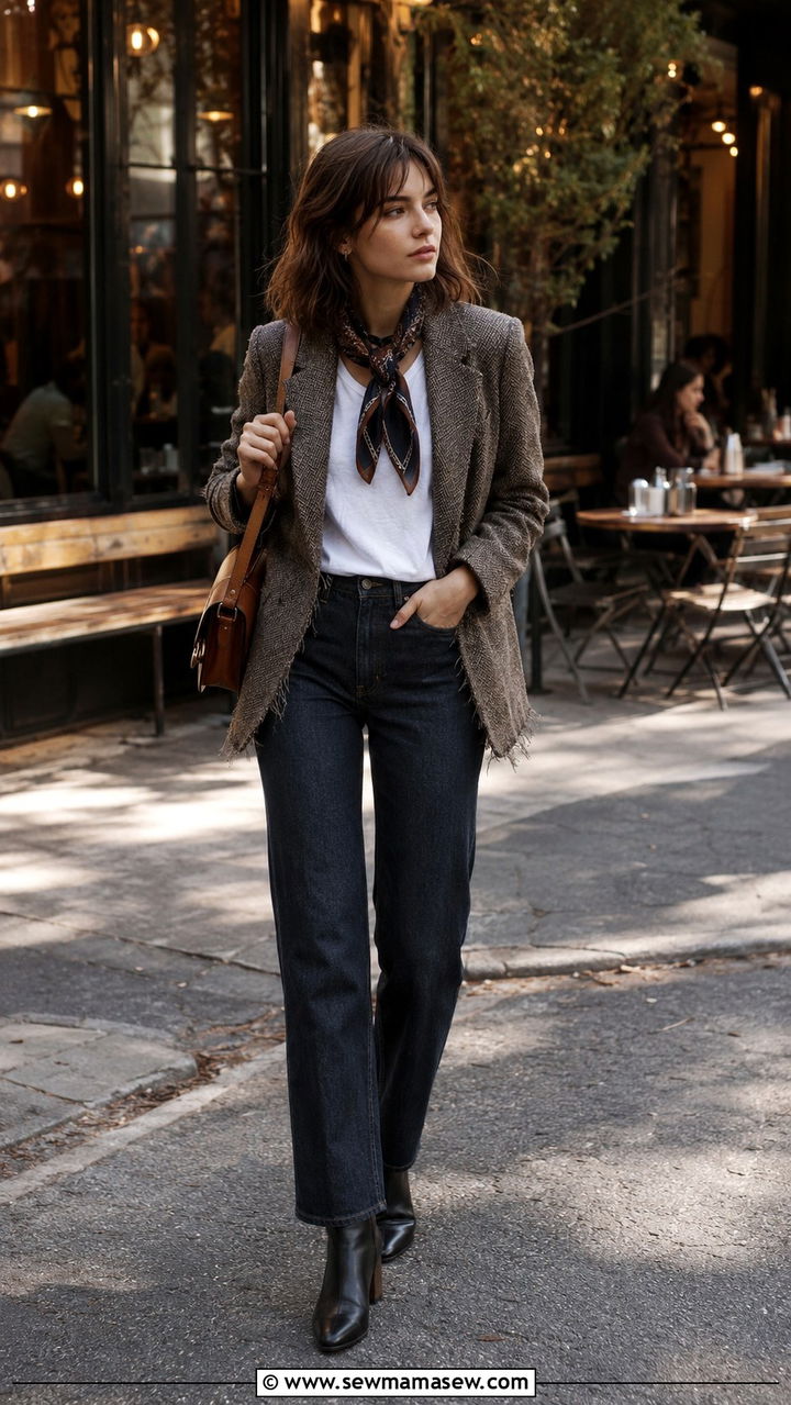 Tweed blazer with a bandana around the neck and dark jeans - 30 Chaotic academia outfit ideas