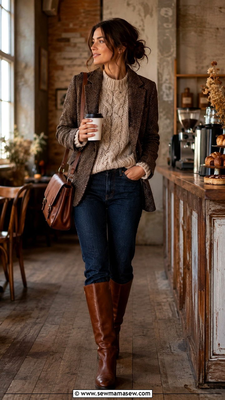 Tweed blazer with a knit sweater - 30 Tweed blazer outfit ideas for work