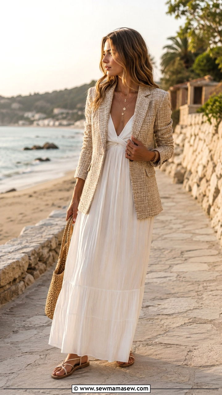 Tweed blazer with a maxi dress - 20 Tweed blazer outfit ideas with a dress