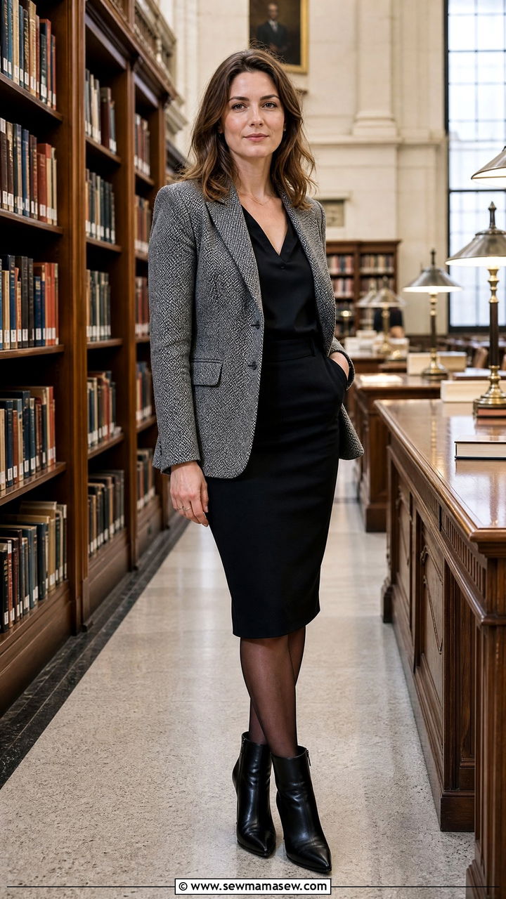 Tweed blazer with a pencil skirt and ankle boots - 35 Librarian outfit ideas for work