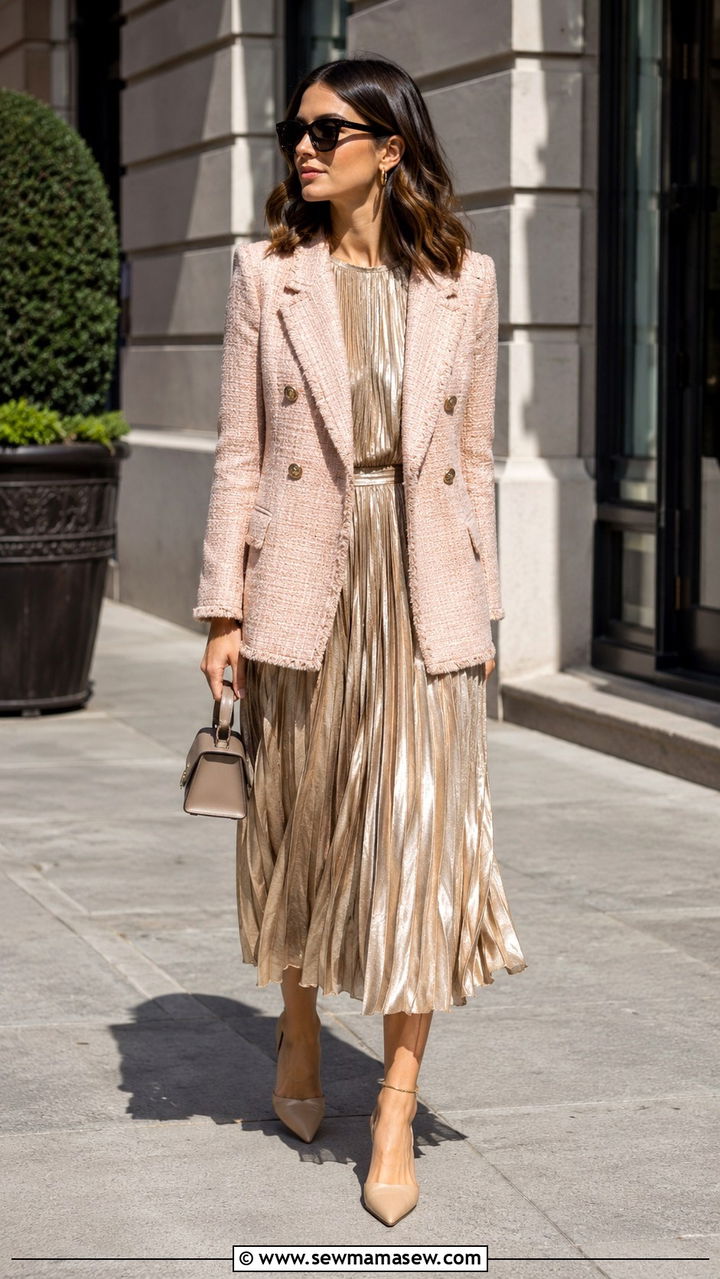 Tweed blazer with a pleated midi dress - 20 Tweed blazer outfit ideas with a dress