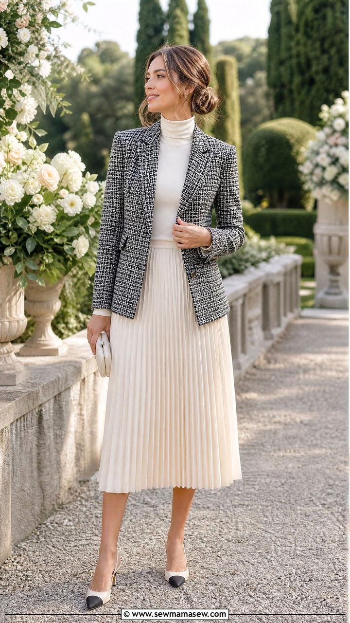 Tweed blazer with a pleated midi skirt - 35 how to style blazer