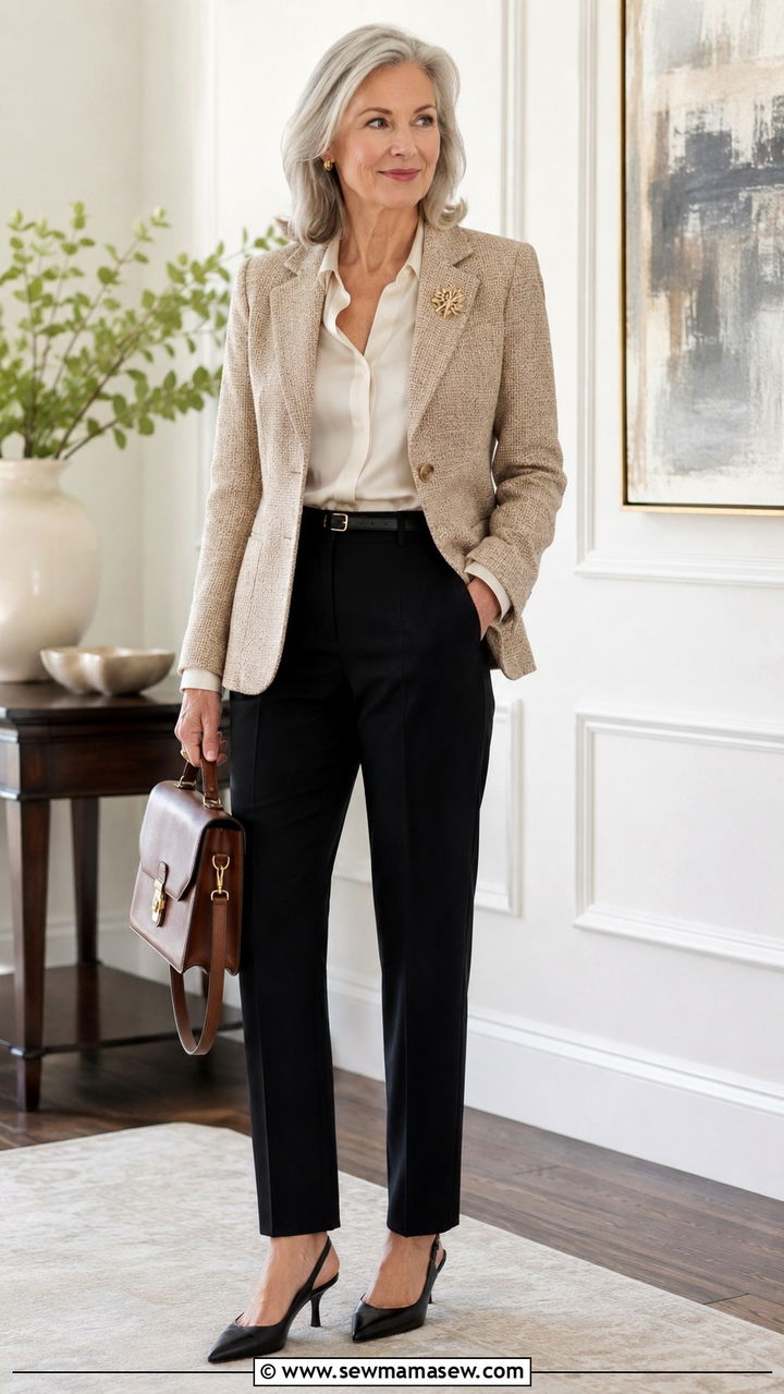 Tweed blazer with a silk blouse and black trousers - 25 Modest outfits for women over 60
