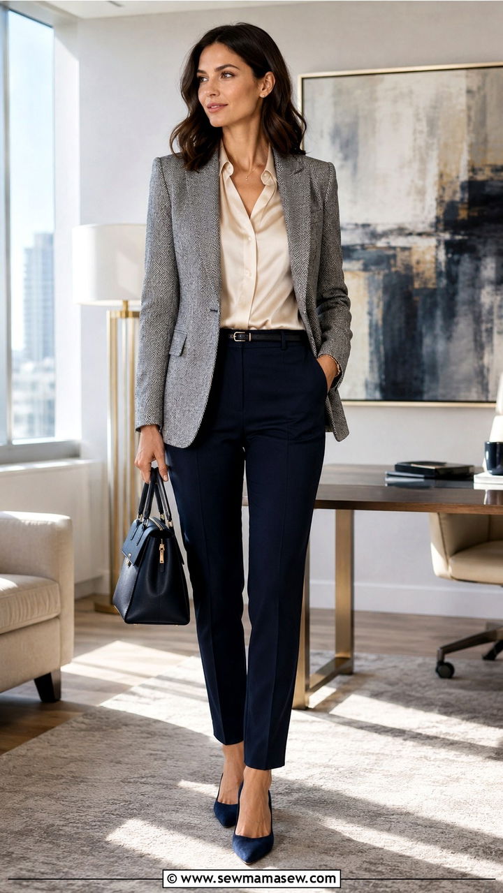Tweed blazer with a silk blouse and slim trousers - 30 Tweed blazer outfit ideas for work