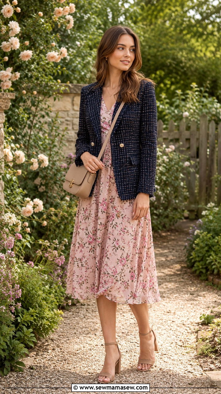 Tweed blazer with a silk slip dress - 20 Tweed blazer outfit ideas with a dress