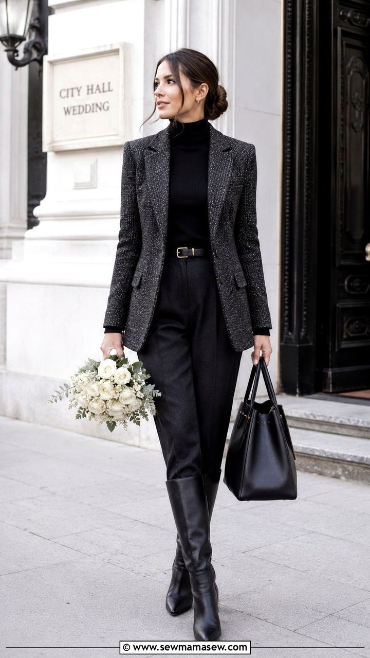 Tweed blazer with a turtleneck and trousers - 30 Tweed blazer outfit ideas for a wedding