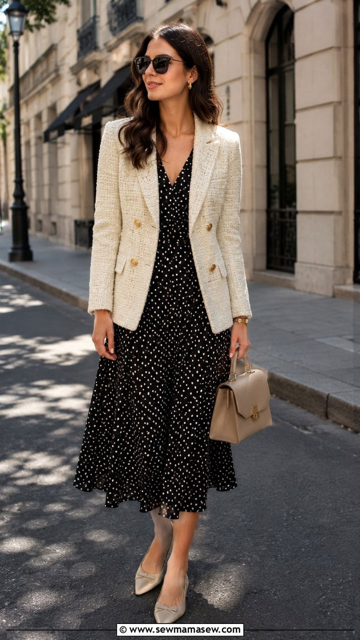 Tweed blazer with a wrap dress - 20 Tweed blazer outfit ideas with a dress
