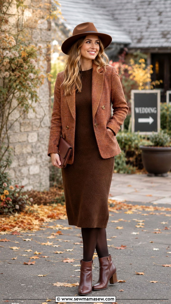 Tweed blazer with ankle boots and a midi dress - 30 Tweed blazer outfit ideas for a wedding