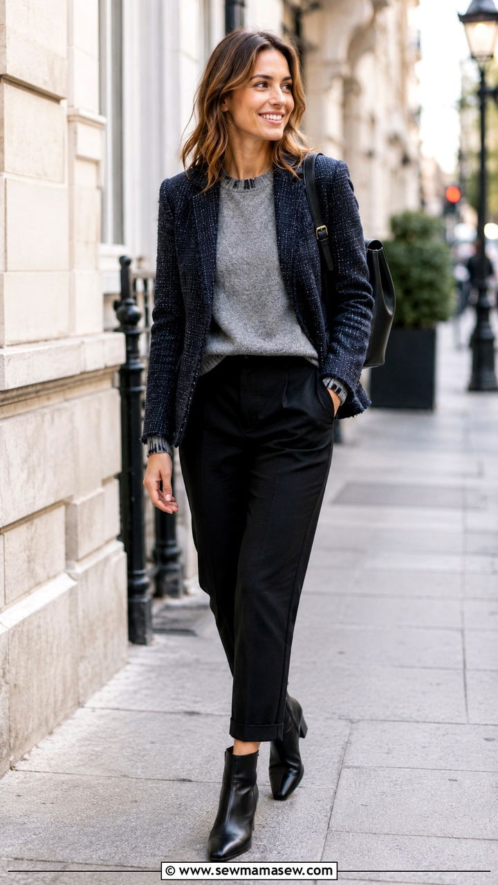 Tweed blazer with ankle boots and cropped trousers - 30 Tweed blazer outfit ideas for work