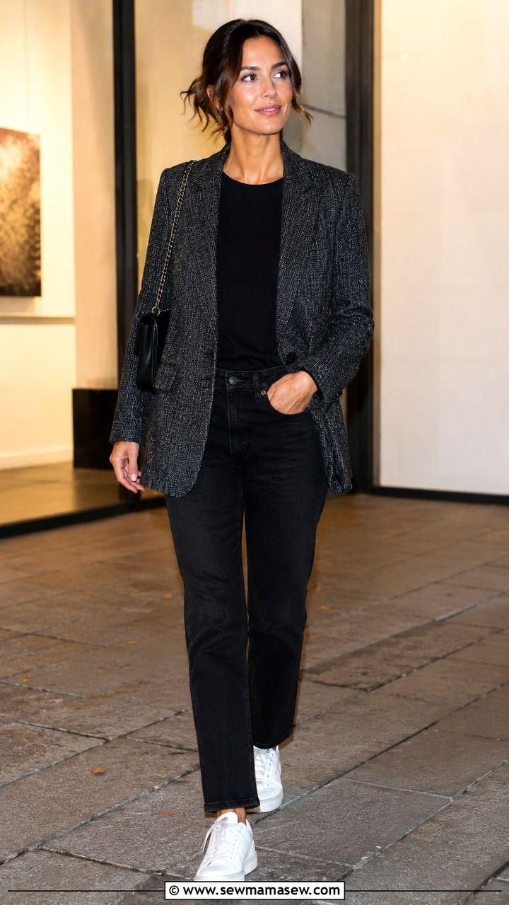 Tweed blazer with black jeans and white sneakers - 25 Tweed blazer outfit ideas with sneakers