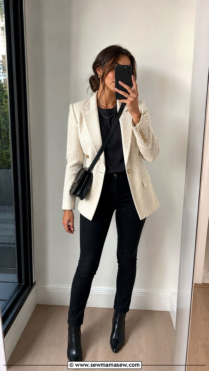 Tweed blazer with black t shirt and black jeans - 20 Tweed blazer outfit ideas with a t-shirt