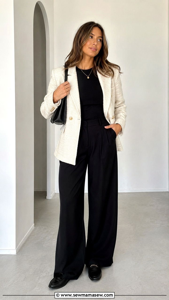 Tweed blazer with black t shirt and wide leg trousers with loafers - 20 Tweed blazer outfit ideas with a t-shirt