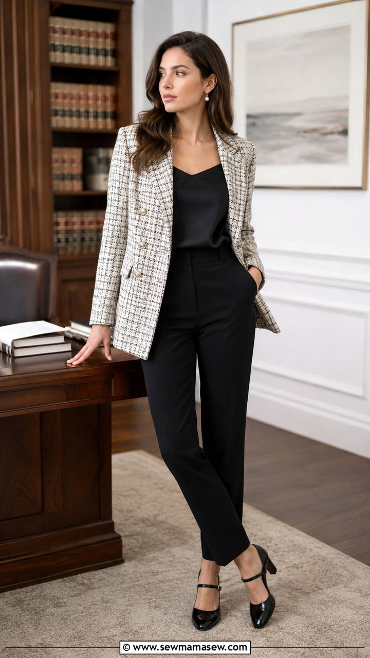 Tweed blazer with black trousers and Mary Jane heels - 30 Legal intern outfit ideas