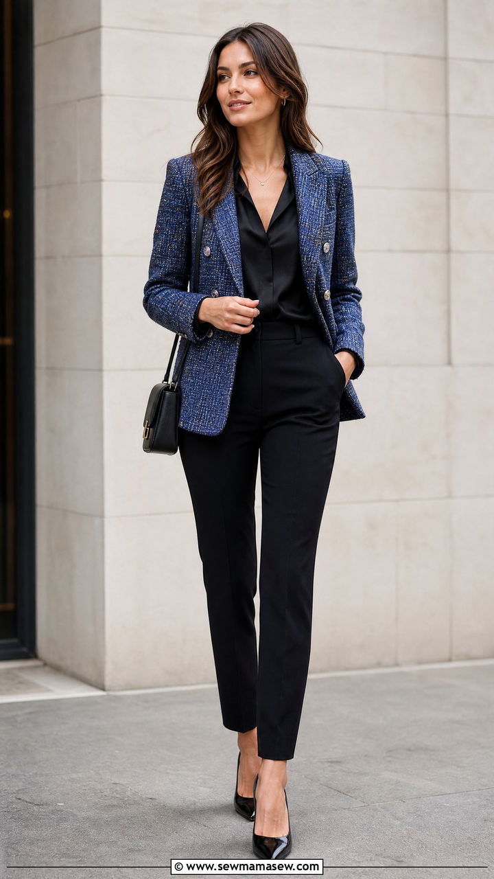Tweed blazer with black trousers outfit - 30 Management consultant outfit ideas