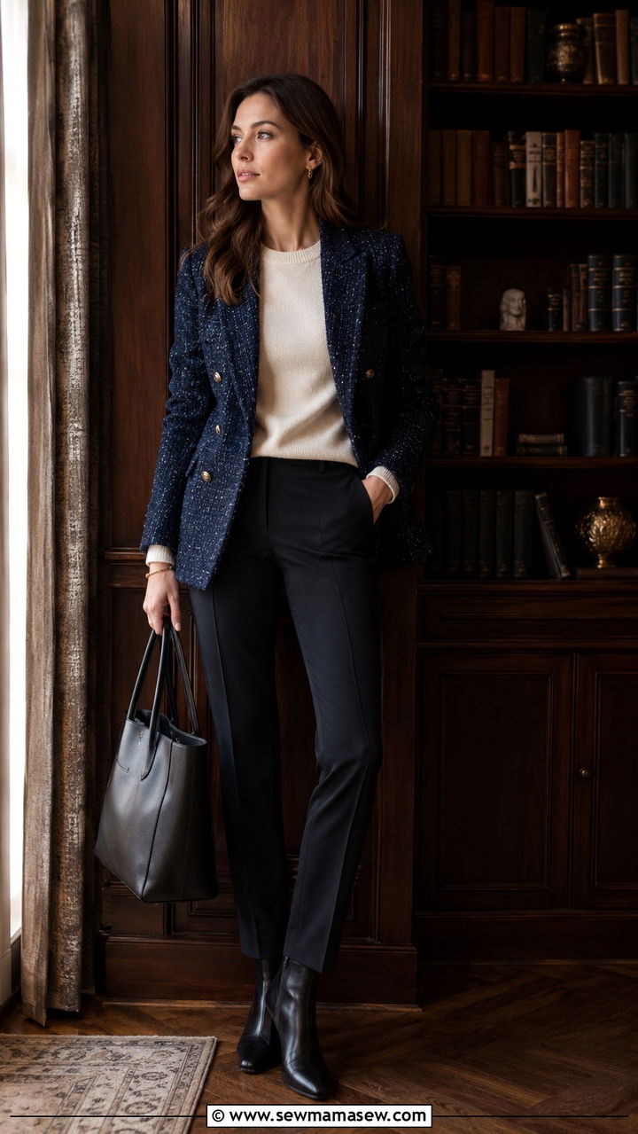 Tweed blazer with black trousers outfit - 30 Law firm outfit ideas