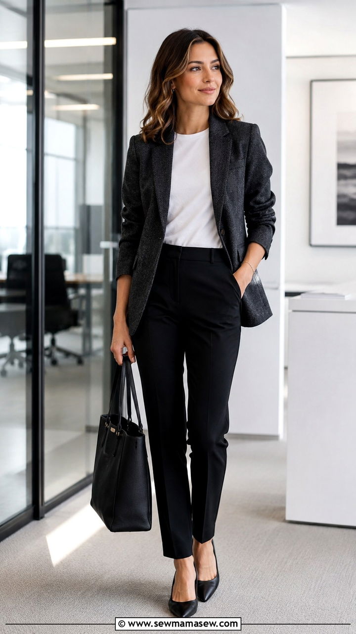 Tweed blazer with black trousers - 30 Tweed blazer outfit ideas for work
