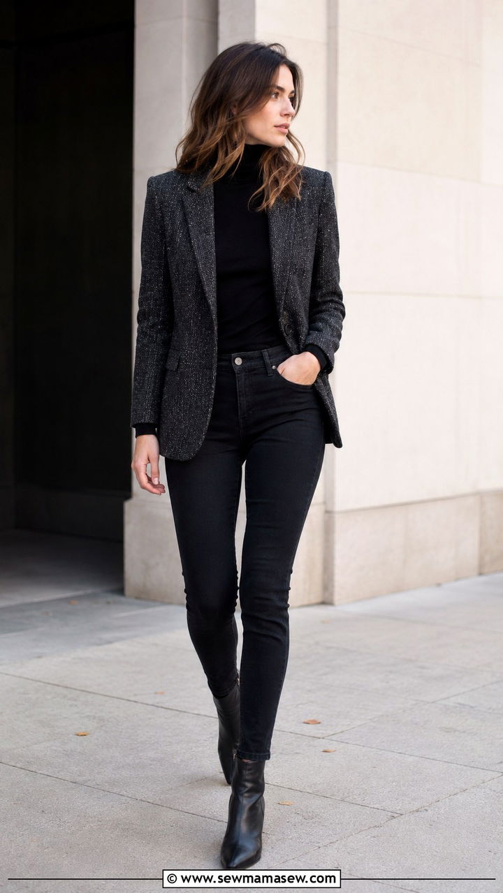 Tweed blazer with black turtleneck and skinny jeans - 25 Tweed blazer outfit ideas with jeans