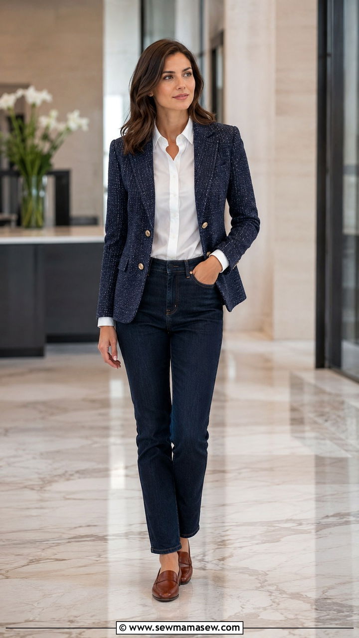 Tweed blazer with button down shirt and dark denim - 25 Tweed blazer outfit ideas with jeans