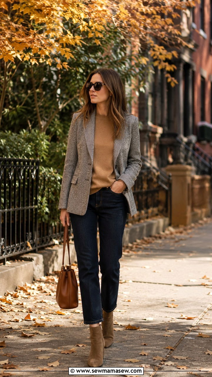 Tweed blazer with cashmere sweater and straight leg jeans - 25 Tweed blazer outfit ideas with jeans