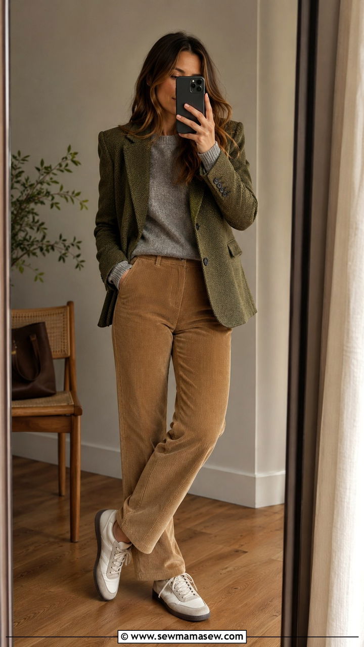 Tweed blazer with corduroy pants and sneakers outfit - 25 Tweed blazer outfit ideas with sneakers