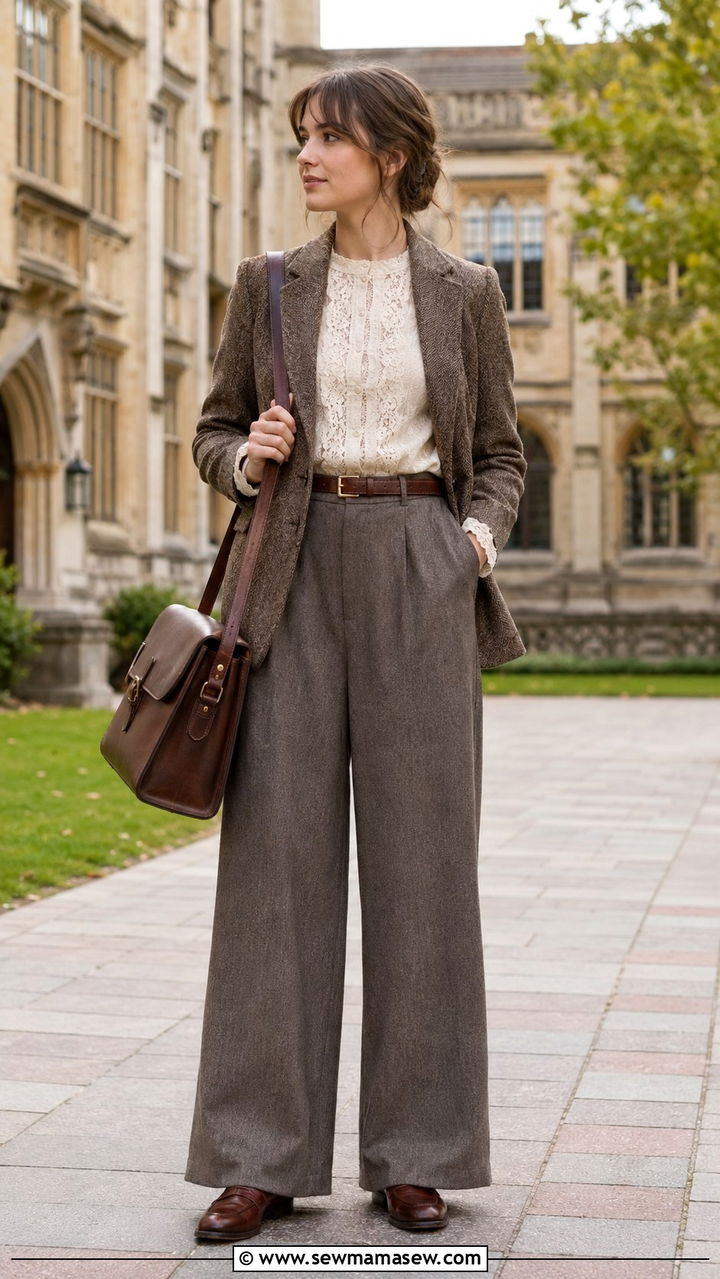 Tweed blazer with cream lace blouse and wide leg trousers - 25 Poetcore outfit ideas college professor aesthetic