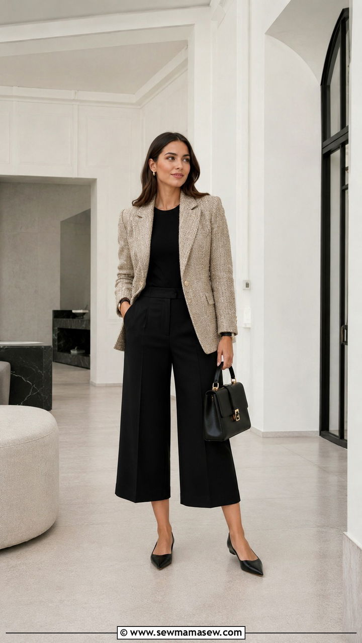 Tweed blazer with culottes - 30 Tweed blazer outfit ideas for work